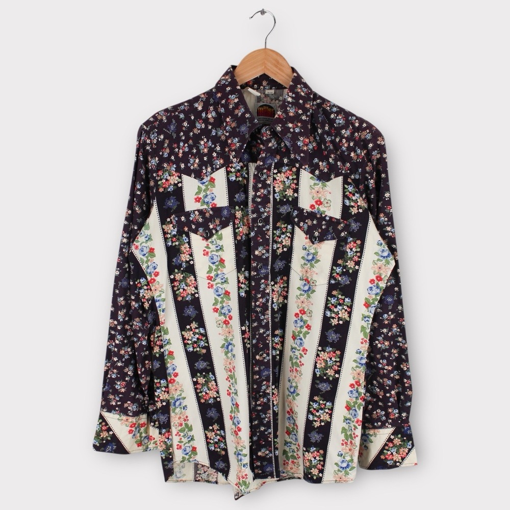 Vintage Miller Western Wear Purple Floral Shirt Men's 16-34 M/L Pearl Snap USA